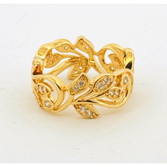 Estate Gold Over 925 Silver Leaf Band Ring w/ CZ Accents, Size 9, 6.3g Vintage - Picture 4 of 10